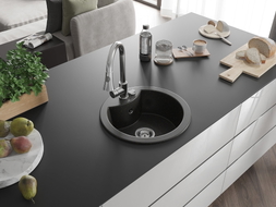 Mexen Diego granit sink single-bowl with kitchen faucet Elia, black/golden metallic - 6512-75-670101-00