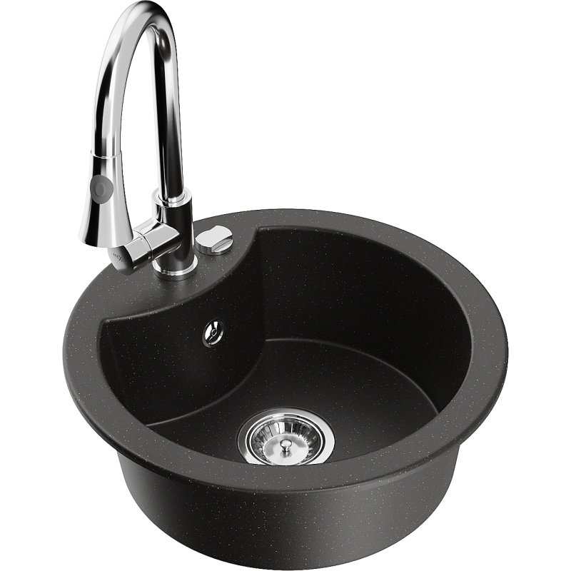 Mexen Diego fregadero de granito de 1 cubeta con grifo de cocina Elia, negro/dorado metálico - 6512-75-670101-00