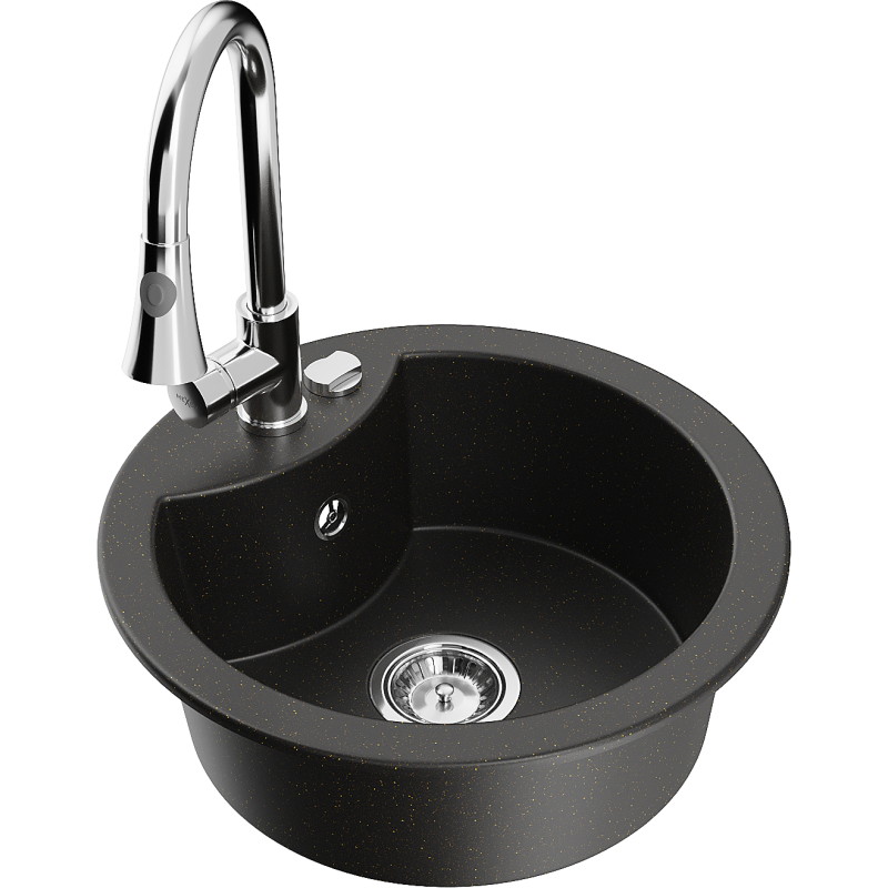 Mexen Diego fregadero de granito de 1 tazón con grifo de cocina Elia, negro/dorado metálico - 6512-75-670101-00