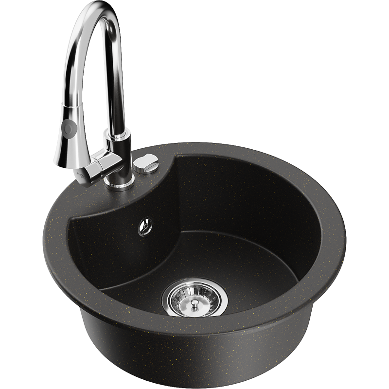 Mexen Diego graniittinen 1-allas keittiöallas Elia keittiöhanalla, musta/kultametalli - 6512-75-670101-00