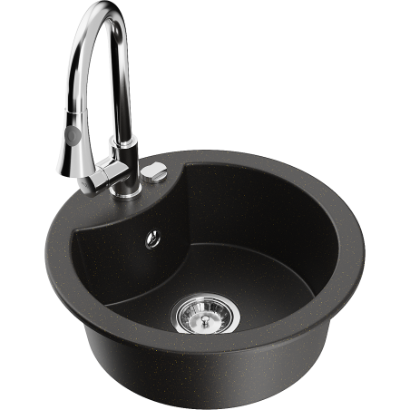 Mexen Diego Granitspüle 1-Becken mit Küchenarmatur Elia, schwarz/gold metallic - 6512-75-670101-00