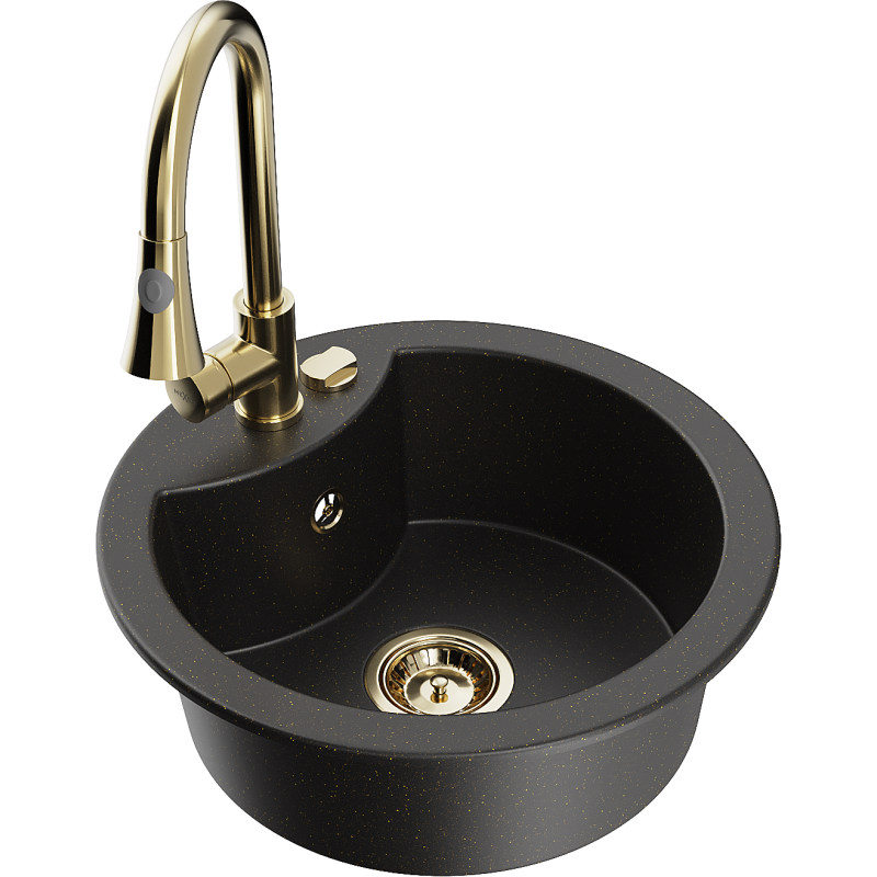 Mexen Diego granieten spoelbak met 1 kom en Elia keukenkraan, zwart/goud metallic - 6512-75-670101-50