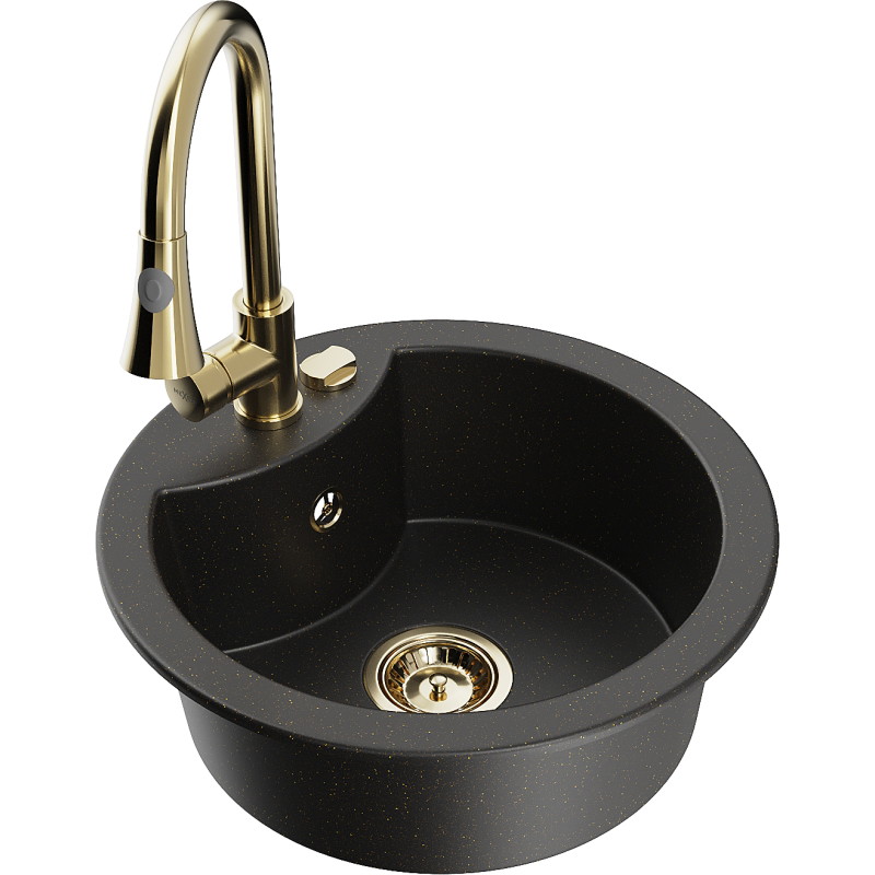 Mexen Diego Granitspüle 1-beckig mit Küchenarmatur Elia, schwarz/gold metallic - 6512-75-670101-50