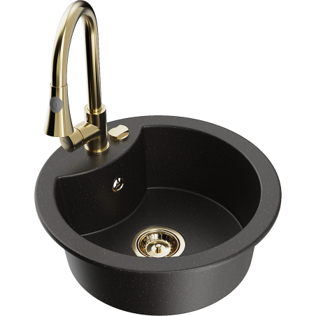 Mexen Diego fregadero de granito de 1 cámara con grifo de cocina Elia, negro/metalizado dorado - 6512-75-670101-50