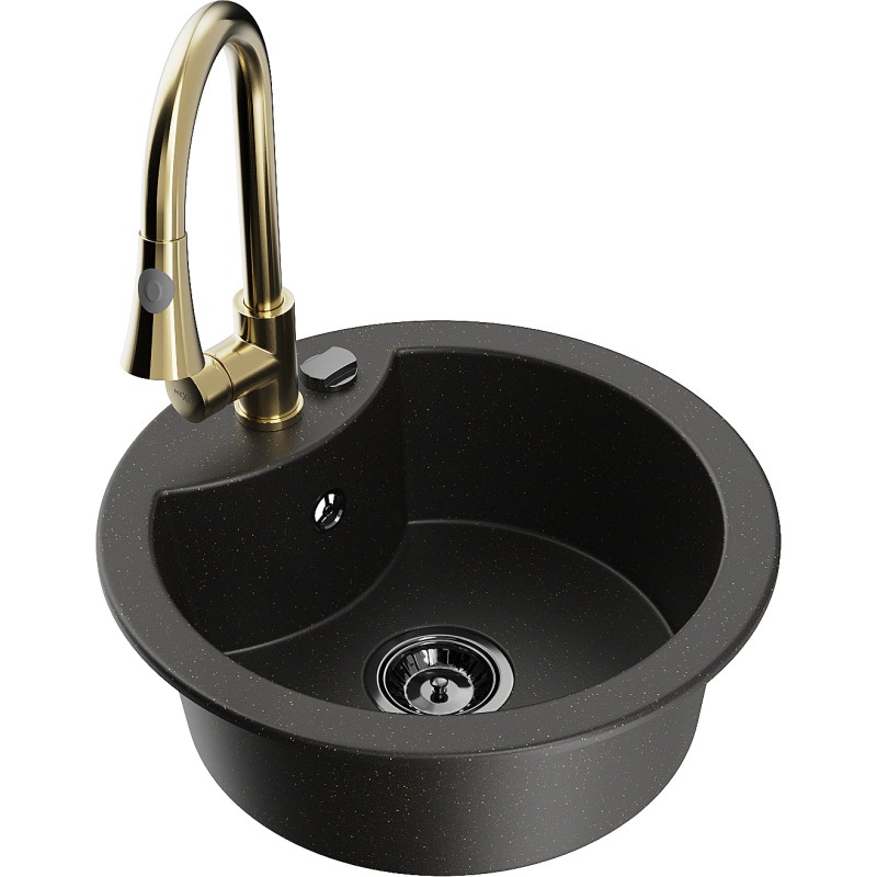 Mexen Diego granieten gootsteen 1-kompartment met keukenmengkraan Elia, zwart/goud metallic - 6512-75-670101-50-B