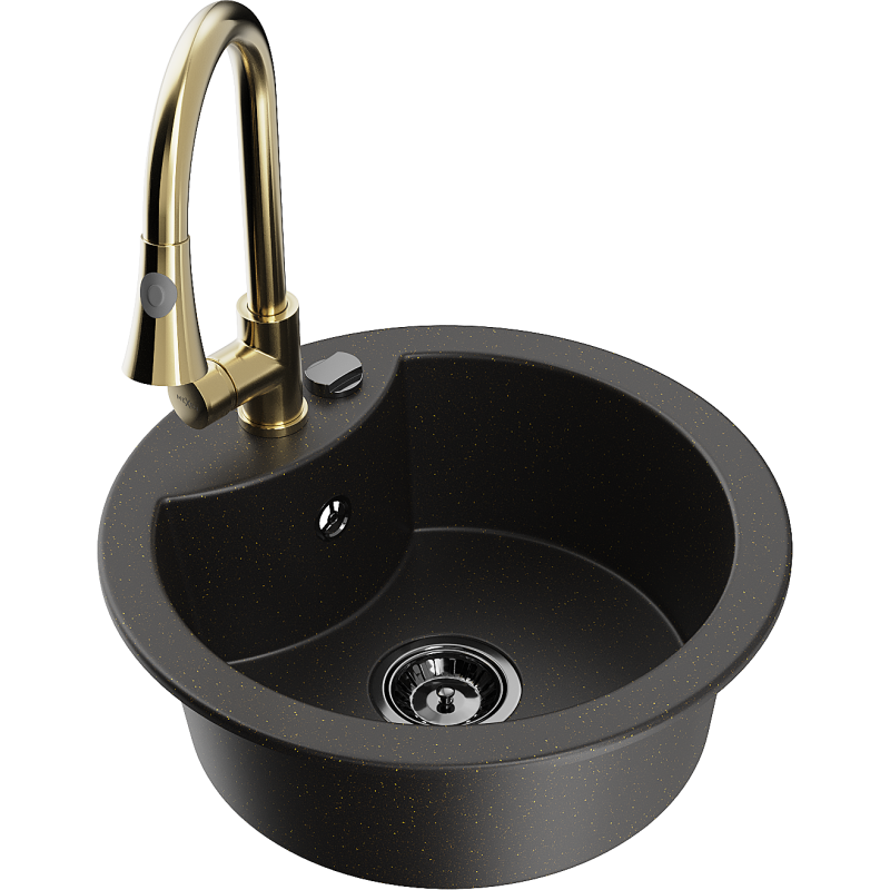 Mexen Diego granieten spoelbak 1-kompartiment met keukenmengkraan Elia, zwart/goud metallic - 6512-75-670101-50-B