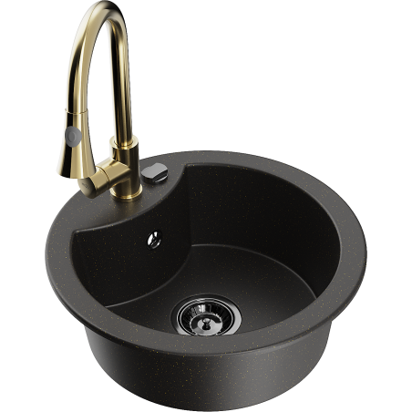 Mexen Diego fregadero de granito de 1 cubeta con grifo de cocina Elia, negro/dorado metálico - 6512-75-670101-50-B