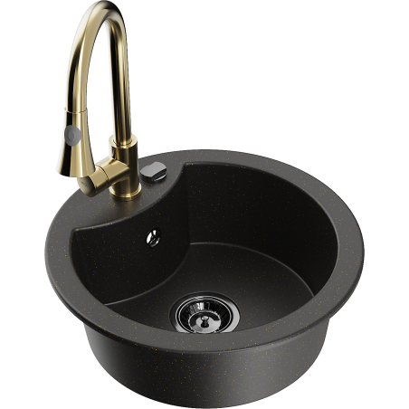 Mexen Diego granitspüle 1-becken mit küchenarmatur Elia, schwarz/gold metallic - 6512-75-670101-50-B