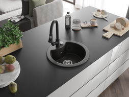 Mexen Diego Granitspüle 1-Becken mit Küchenarmatur Elia, Schwarz/Gold Metallic - 6512-75-670101-70