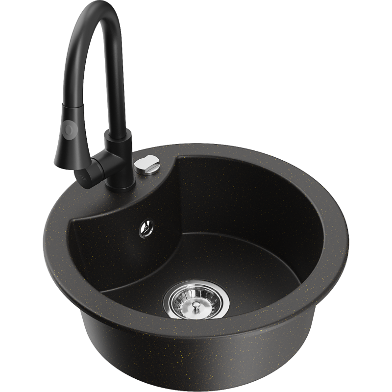 Mexen Diego fregadero de granito de 1 cubeta con grifo de cocina Elia, negro/dorado metálico - 6512-75-670101-70
