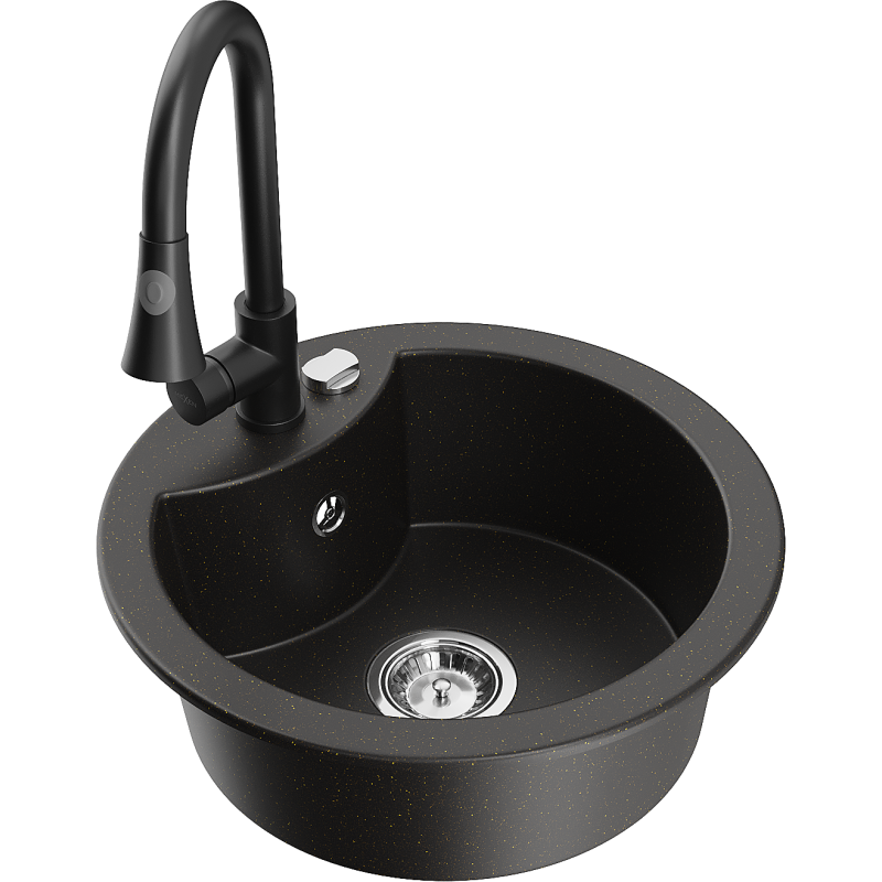 Mexen Diego lava-loiça de granito com 1 cuba com torneira de cozinha Elia, preto/dourado metálico - 6512-75-670101-70