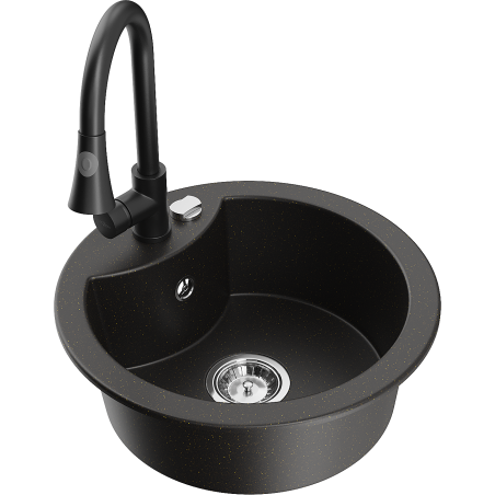 Mexen Diego granite sink 1-bowl with Elia kitchen tap, black/gold metallic - 6512-75-670101-70