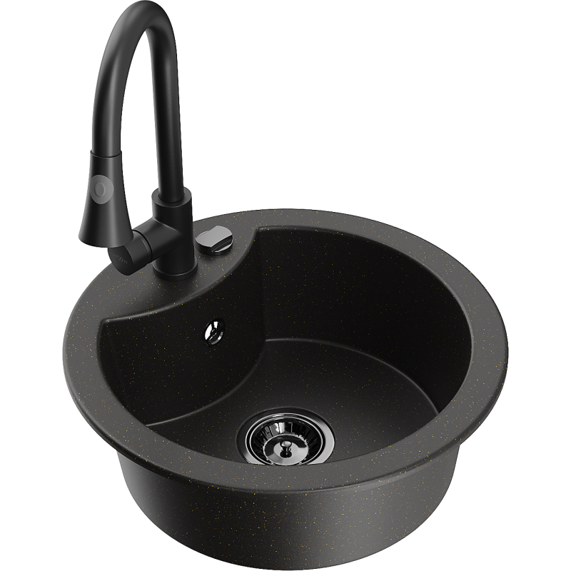 Mexen Diego fregadero de granito de 1 seno con grifo de cocina Elia, negro/dorado metálico - 6512-75-670101-70-B