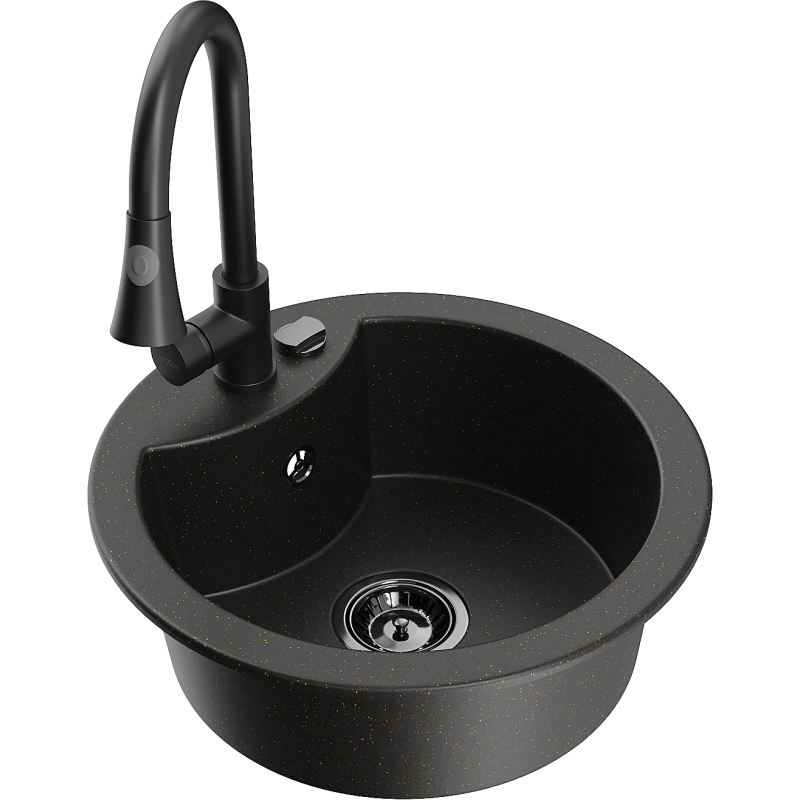 Mexen Diego lava-louça em granito com 1 bacia e torneira de cozinha Elia, preto/dourado metálico - 6512-75-670101-70-B