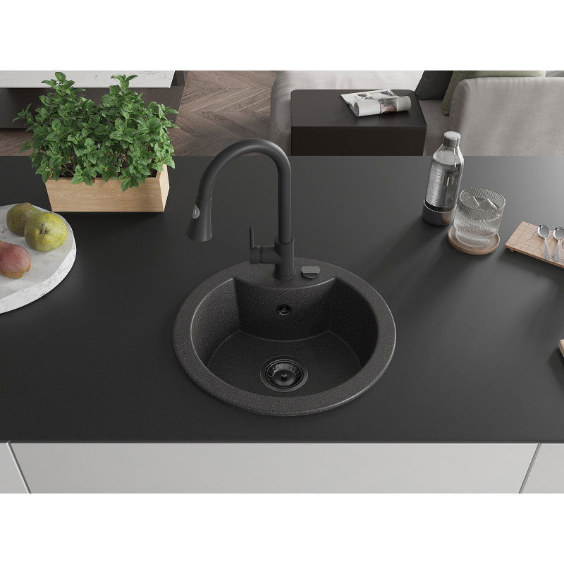Mexen Diego 1-Bowl Granite Sink with Elia Kitchen Tap, Black Speckled - 6512-76-670101-70-B