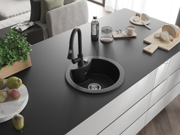 Mexen Diego One-Bowl Granite Sink with Elia Kitchen Tap, Black - 6512-77-670101-70