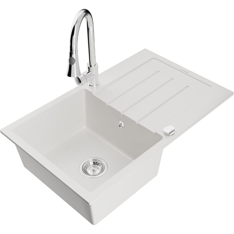 Mexen Bruno 1-bowl granite kitchen sink with drainer and Elia kitchen faucet, white - 6513-20-670101-00