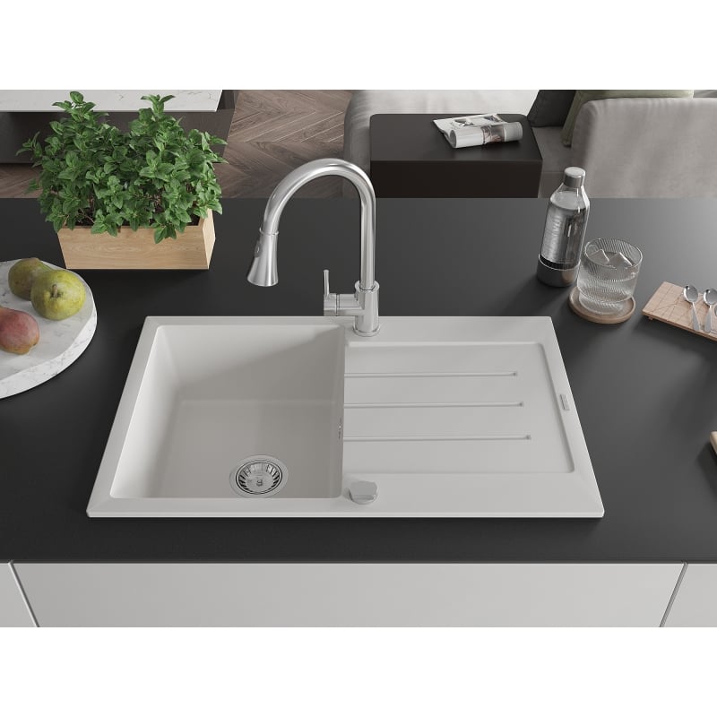 Mexen Bruno 1-bowl granite kitchen sink with drainer and Elia kitchen faucet, white - 6513-20-670101-00