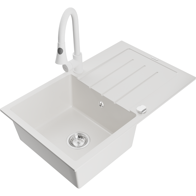 Mexen Bruno fregadero de granito de 1 cubeta con escurridor y grifo de cocina Elia, blanco - 6513-20-670101-20