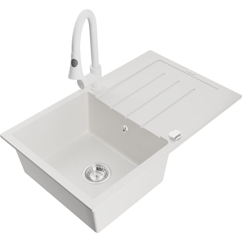 Mexen Bruno single-bowl granite sink with drainer and Elia kitchen faucet, white - 6513-20-670101-20