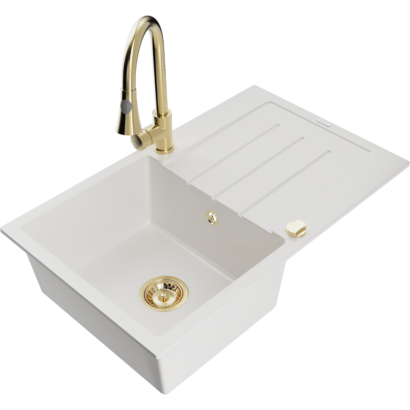 Mexen Bruno fregadero de granito de 1 compartimento con escurridor y grifo de cocina Elia, blanco - 6513-20-670101-50