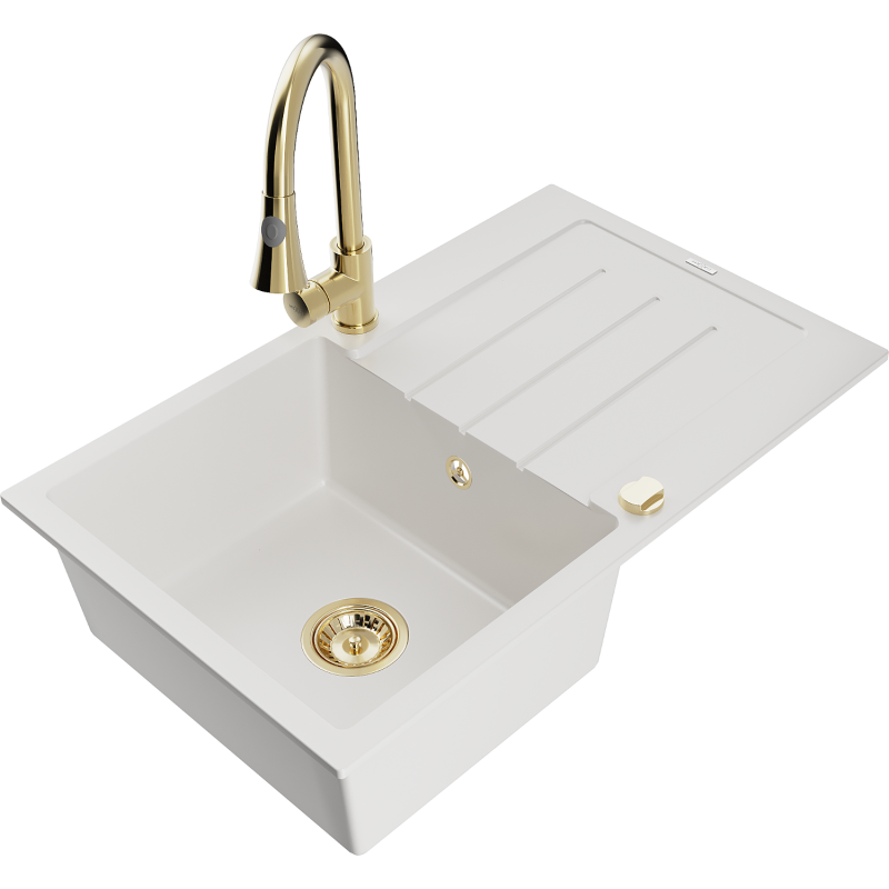 Mexen Bruno granite sink 1-bowl with drainer and Elia kitchen tap, white - 6513-20-670101-50