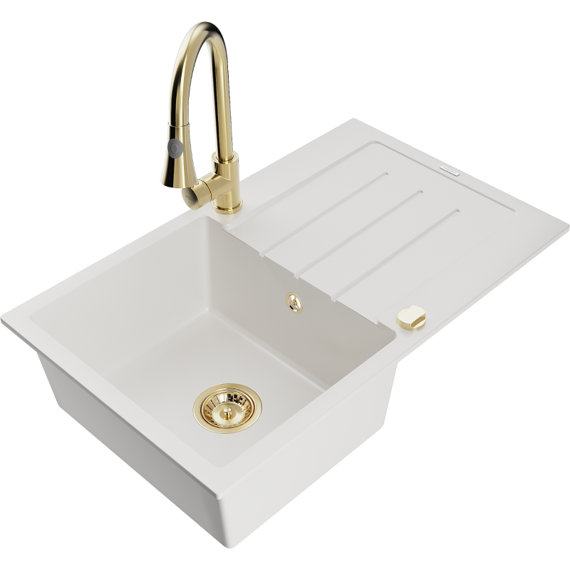 Mexen Bruno lava-loiça de granito com 1 bacia, escorredor e torneira de cozinha Elia, branco - 6513-20-670101-50