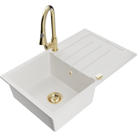 Mexen Bruno 1-bowl granite sink with drainer and Elia kitchen faucet, white - 6513-20-670101-50