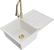 Mexen Bruno fregadero de granito de 1 compartimento con escurridor y grifo de cocina Elia, blanco - 6513-20-670101-50