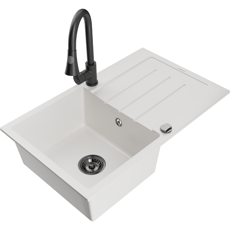 Mexen Bruno granitdiskbänk med en kammare och avrinning samt köksblandare Elia, vit - 6513-20-670101-70