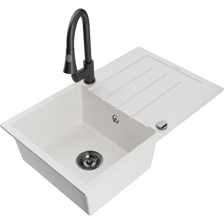 Mexen Bruno 1-bowl granite sink with drainer and Elia kitchen faucet, white - 6513-20-670101-70
