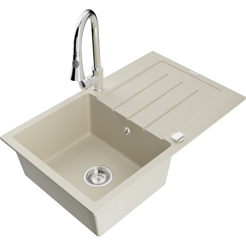 Mexen Bruno lavello in granito a 1 vasca con sgocciolatoio e rubinetto da cucina Elia, beige - 6513-69-670101-00