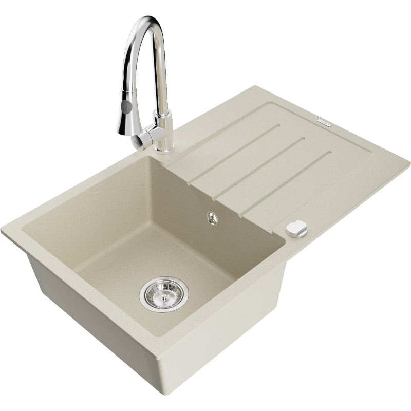 Mexen Bruno single-bowl granite sink with drainer and Elia kitchen tap, beige - 6513-69-670101-00