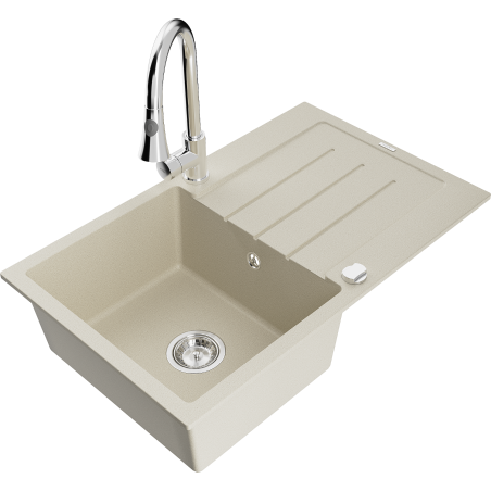 Mexen Bruno single-bowl granite sink with drainer and Elia kitchen tap, beige - 6513-69-670101-00