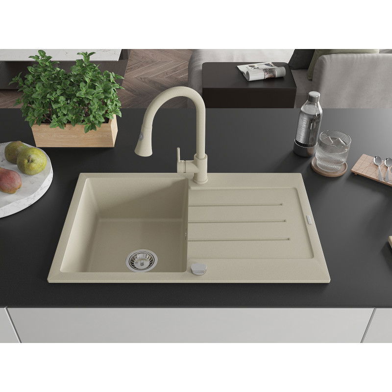Mexen Bruno 1-Bowl Granite Kitchen Sink with Drainer and Elia Tap, Beige - 6513-69-670101-69