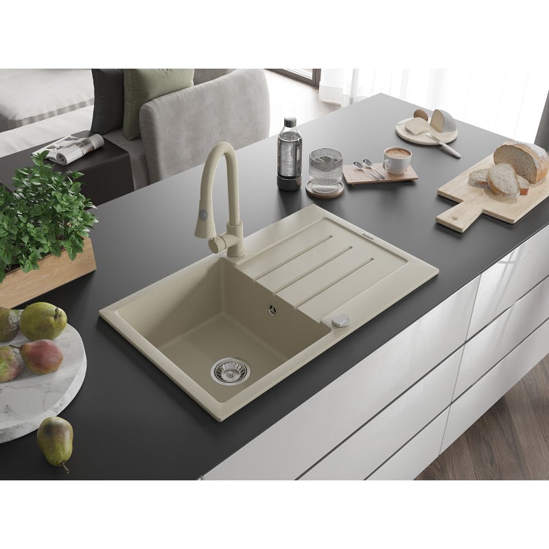 Mexen Bruno fregadero de granito de 1 seno con escurridor y grifo de cocina Elia, beige - 6513-69-670101-69