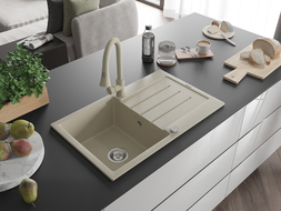 Mexen Bruno Granitspüle 1-becken mit Abtropffläche und Küchenarmatur Elia, beige - 6513-69-670101-69