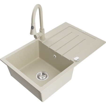 Mexen Bruno Granitspüle 1-beckig mit Abtropffläche und Küchenarmatur Elia, beige - 6513-69-670101-69