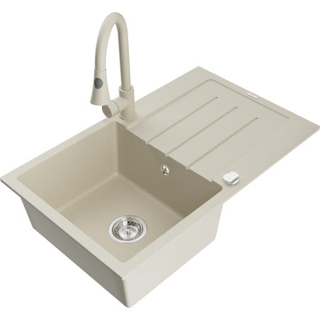 Mexen Bruno lavello in granito 1-vasca con sgocciolatoio e rubinetto da cucina Elia, beige - 6513-69-670101-69