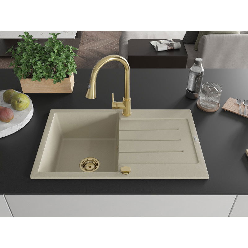 Mexen Bruno 1-bowl granite sink with drainer and Elia kitchen tap, beige - 6513-69-670101-50
