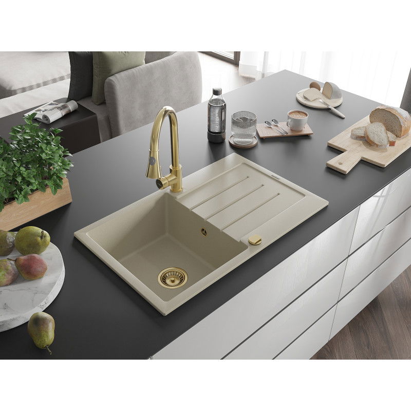 Mexen Bruno 1-bowl granite sink with drainer and Elia kitchen tap, beige - 6513-69-670101-50