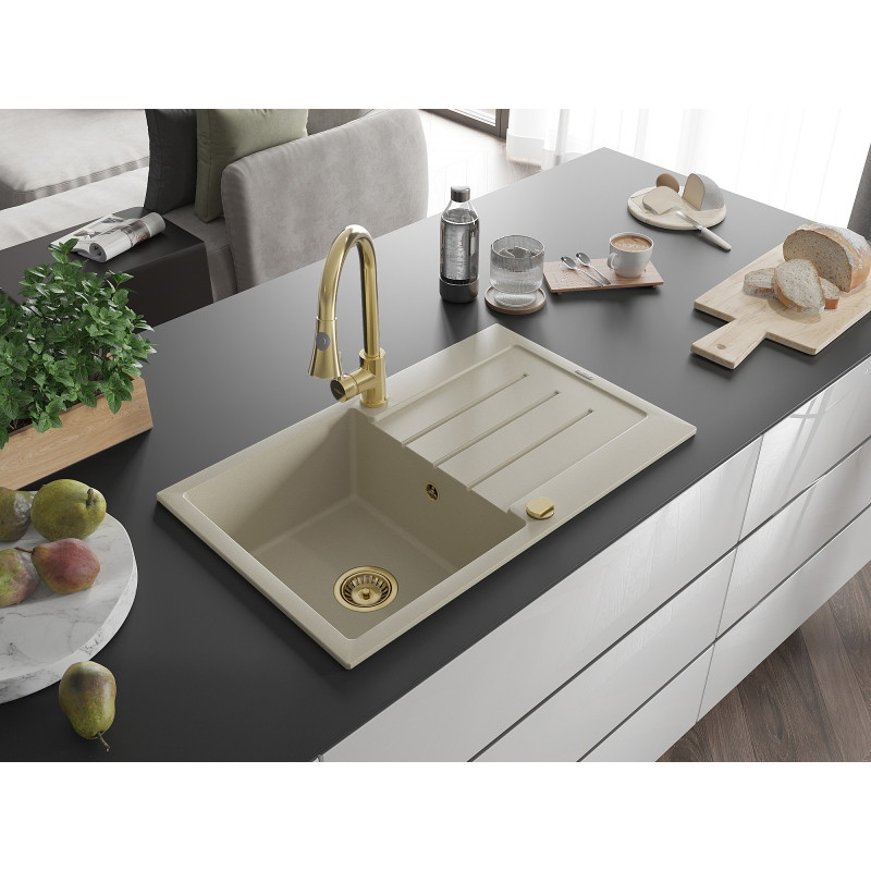 Mexen Bruno granieten spoelbak 1-komorige met afdruipblad en keukenmengkraan Elia, beige - 6513-69-670101-50