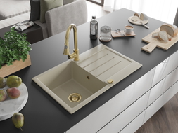 Mexen Bruno 1-bowl granite sink with drainer and Elia kitchen faucet, beige - 6513-69-670101-50