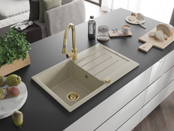 Mexen Bruno Granitspüle 1-beckig mit Abtropffläche und Küchenarmatur Elia, beige - 6513-69-670101-50