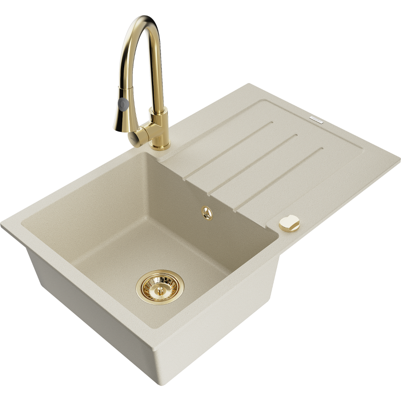 Mexen Bruno 1-bowl granite sink with drainer and Elia kitchen tap, beige - 6513-69-670101-50