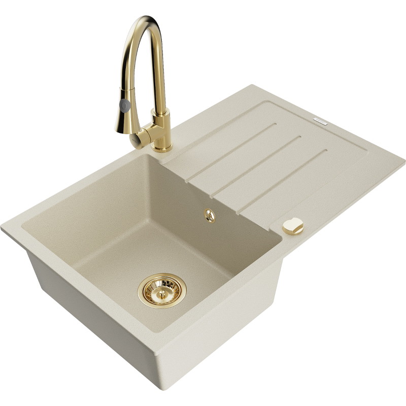Mexen Bruno évier en granit 1 bac avec égouttoir et robinet de cuisine Elia, beige - 6513-69-670101-50