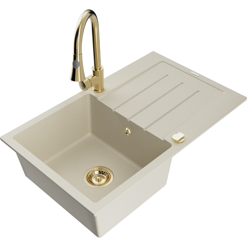 Mexen Bruno Granitspüle 1-beckig mit Abtropffläche und Küchenarmatur Elia, beige - 6513-69-670101-50