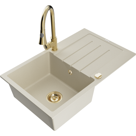 Mexen Bruno évier en granit 1 bac avec égouttoir et mitigeur de cuisine Elia, beige - 6513-69-670101-50