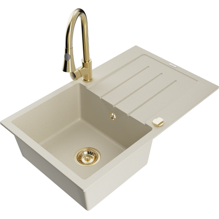 Mexen Bruno Granitspüle 1-beckig mit Abtropffläche und Küchenarmatur Elia, beige - 6513-69-670101-50