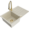 Mexen Bruno évier en granit 1 bac avec égouttoir et mitigeur de cuisine Elia, beige - 6513-69-670101-50